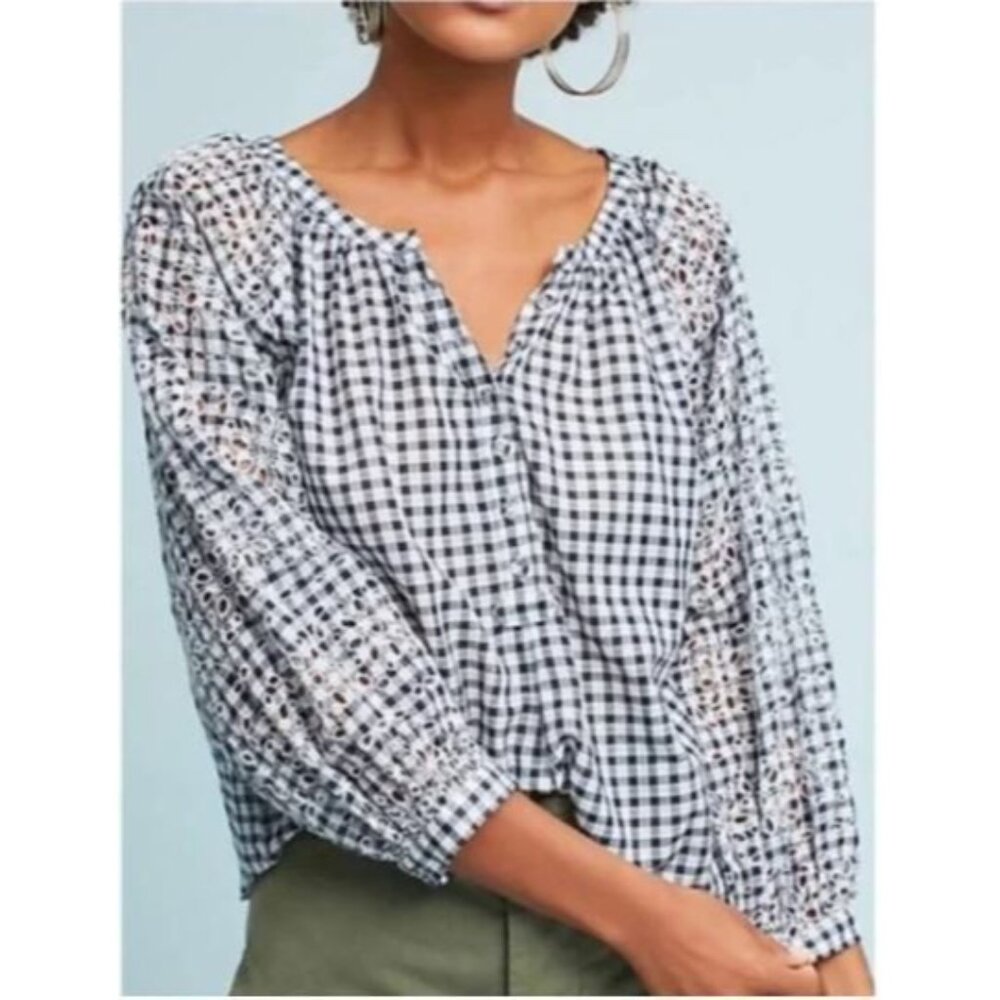 Anthropologies Akemi+Kin Women’s Black White Presley Gingham Eyelet Top Sz S 969 - Picture 5 of 10